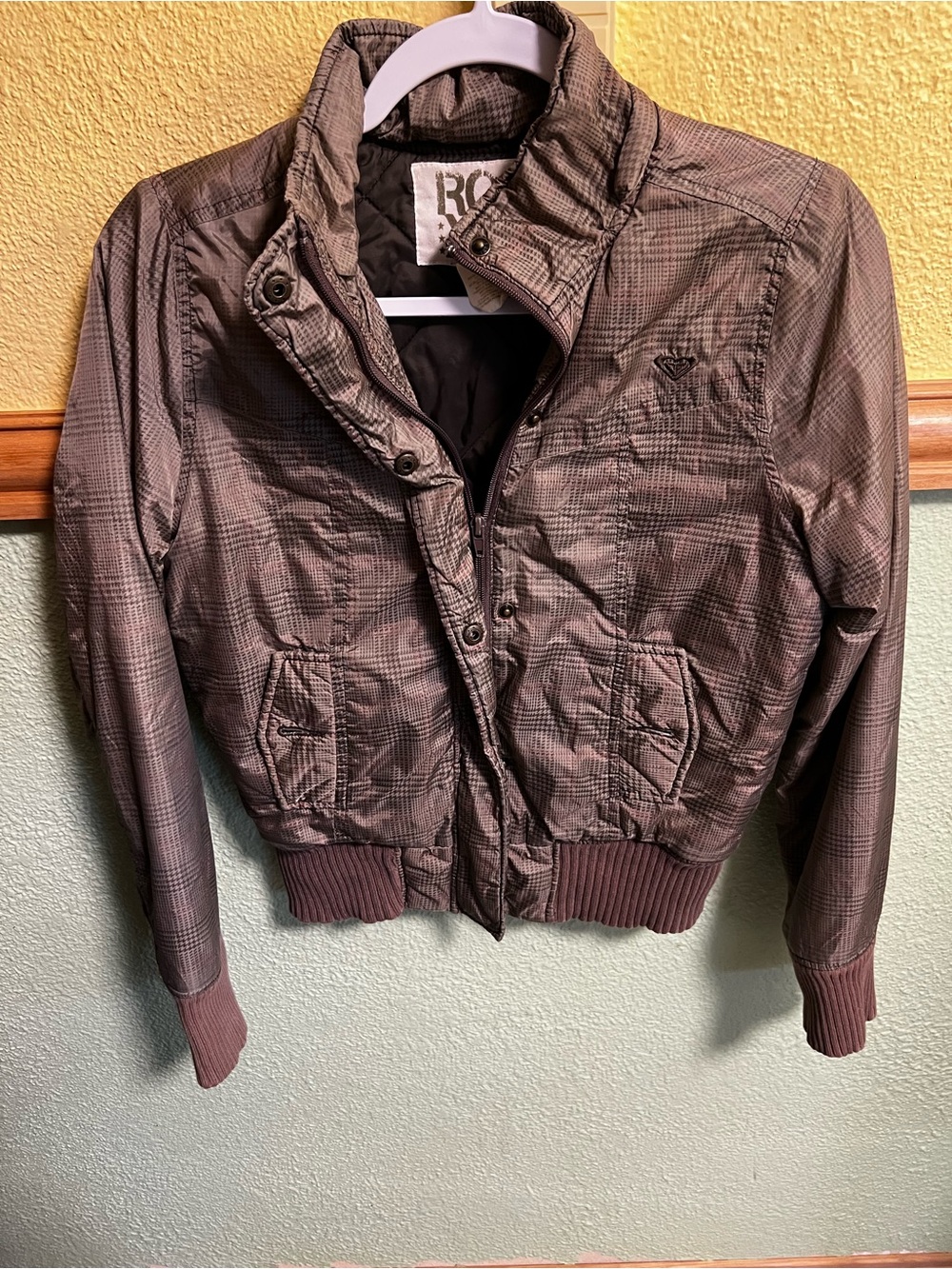 Roxy Brown Plaid Puffer Bomber Jacket Size S/P | Y2K Grunge Army